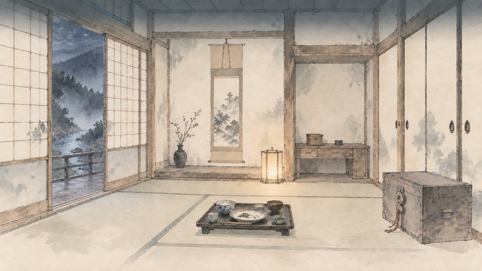 閉ざされた座敷。畳の上の冷めた膳と行灯が、誰かを待っている。