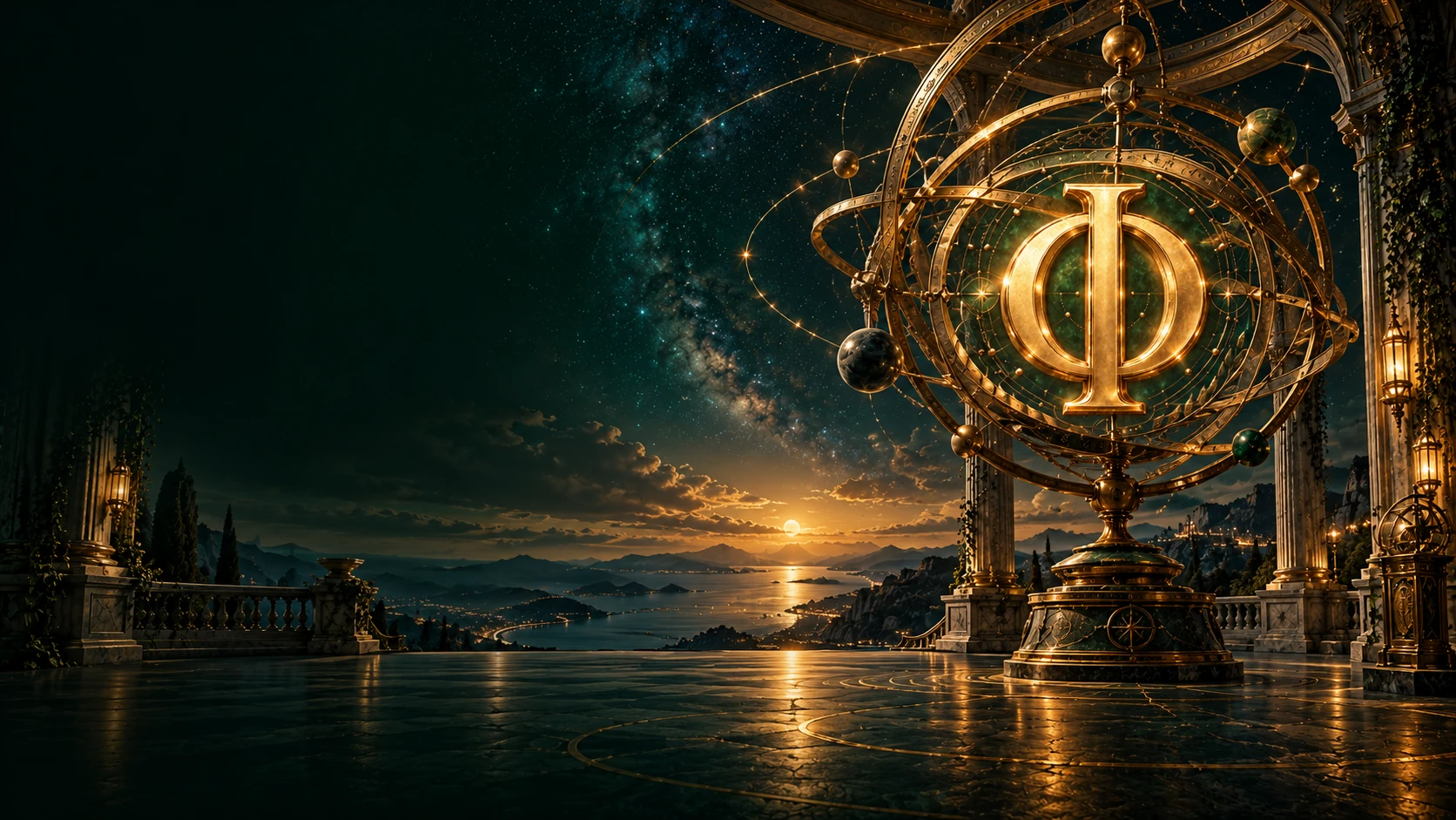 星空と海を見渡す無人の回廊。金の天球儀の中心でΦが輝く。