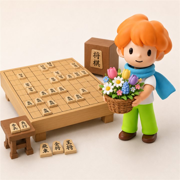 将棋盤と花束を持ったキャラクター